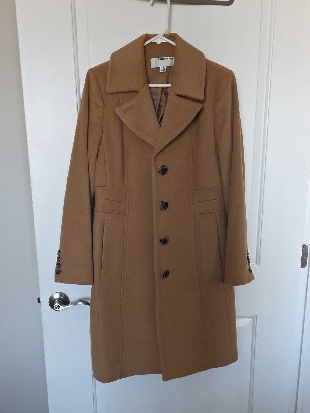 Anne Klein Camel Tan Pea Coat with Notched Collar